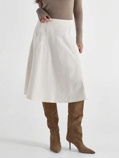 KSTM Flared Denim Midi Skirt With Paneled Seam Detail And Raw Hem For Spring Summer Casual Wear