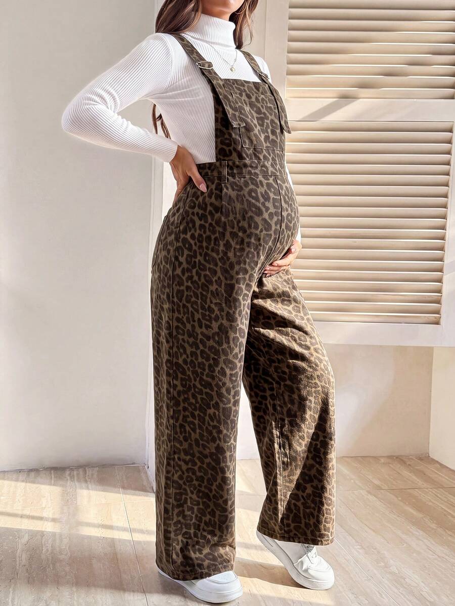 SHEIN 孕婦豹紋牛仔吊帶褲 秋季女裝 牛仔女裝 豹紋 - 棕色 - 查看 1