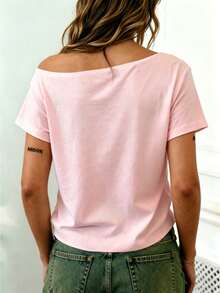 SHEIN Women's Solid Color Asymmetrical Shoulder Casual Versatile Daily Wear Short Sleeve T-Shirt - Baby Pink - View 2