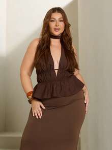 Lele Munniz Atasan Tank Top Camisole Tanpa Punggung Seksi Warna Polos untuk Wanita Ukuran Plus, Atasan Berkerut Leher V Dalam Warna Cokelat Cokelat untuk Musim Panas, Kasual - Chocolate Brown - View 5