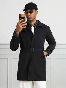 HUEFORM Men's Black Belt With Mid-Length British Style Trench Coat With Lapel, Single-Breasted Business Casual Overcoat,Perfect For A Refined Look. For Men - Black - View 3