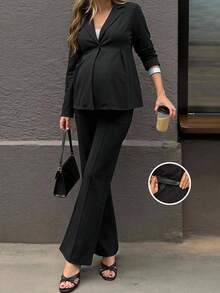 SHEIN Maternity Casual Commute Solid Color Jacket And Pants Suit 2 Pieces Set Fall - Black - View 3