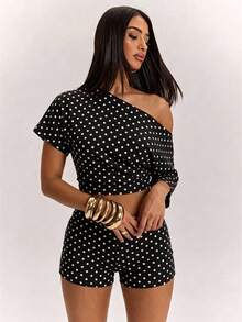 SHEIN BAE 女款波點印花不對稱肩短版上衣與短褲時尚兩件套 - 黑色 - 查看 6