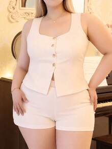 CHERRY TINTT SELECTION Plus Size Casual Commuter Plain Color Vest And Shorts 2pcs Set Elegant Summer - Apricot - View 4