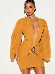 KIZN Deep Plunge Wrap Mini Dress With Puff Long Sleeves Mustard Yellow Buckle Waist Detail Ruched Skirt Party Evening Night Out Autumn Sexy - Mustard Yellow - View 2