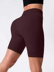 SHEIN Sports 女款純色高腰日常健身運動短褲 - 酒紅色 - 查看 7
