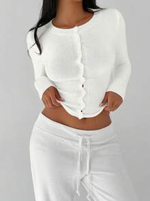 Autumina Women's Solid Color Minimalist Casual Slim Fit Cardigan Sweater, Versatile For Daily Wear - White - View 3