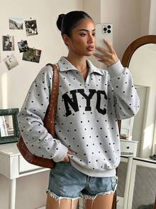 SHEIN Sparklyn 青少年女孩秋冬休閒波點與字母印花運動衫 - 灰色 - 查看 2
