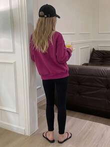 DAZY Conjunto de sudadera holgada casual con cuello redondo bordado de felpa + leggings largos, conjunto de sudadera para niñas preadolescentes en otoño/invierno - Rosa Fucsia - Ver 2