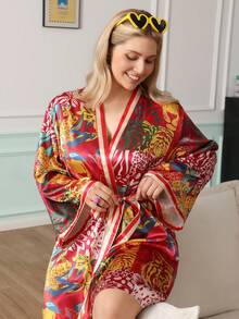 Chillnights Bata de satén de talla grande con estampado de rayas de contraste y patrón de tigre - Rojo - Ver 5