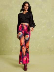 LOTSLUV Women's Early Summer Commute Party Vacation, Multicolor Base With Feather Pattern, Knitted Slim Fit Wide Leg Pants Boho 70s,Women's Pants - Multicolor - View 7