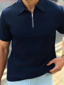 YOUESAWY YOUESAWY Men Solid Quarter Zip Polo Shirt, For Golf, Vacation, Father's Day Gifts, Football - Navy Blue - View 6