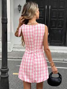 SHEIN PariChic Elegant Plaid Print Bowknot Shoulder Tie Ruffle Hem Mini Dress For Women, Pink & White - Pink - View 2