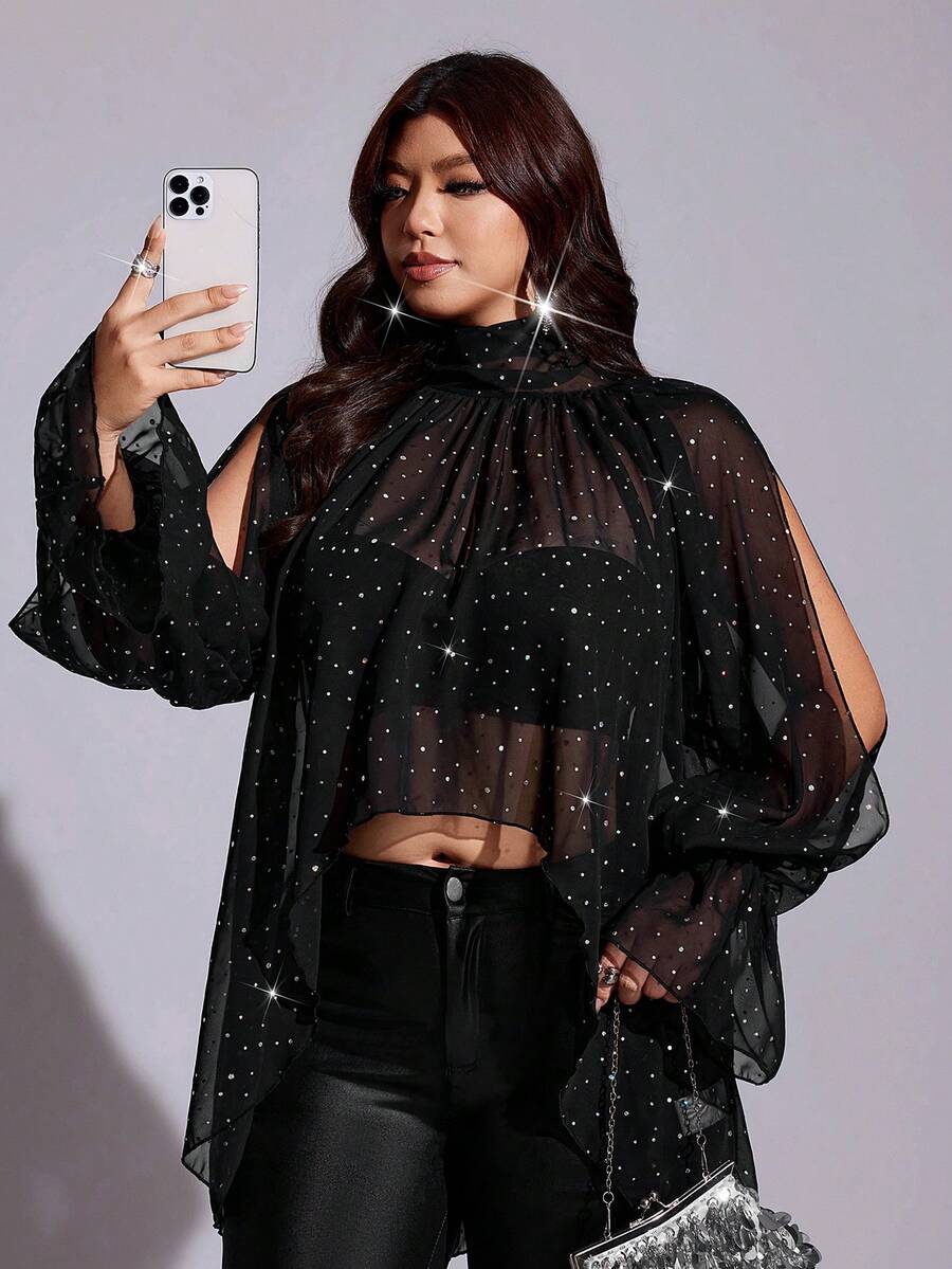 Viva Relle Blus Fashion Lengan Panjang Off-Shoulder Jala Rhinestone untuk Wanita Ukuran Plus - Hitam - View 1