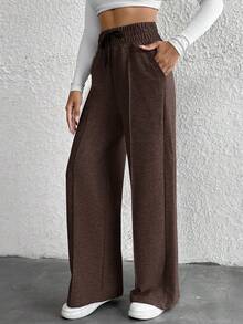WovenCharm Pantalones de pierna ancha con cintura de cordón, talla pequeña - Marrón - Ver 5
