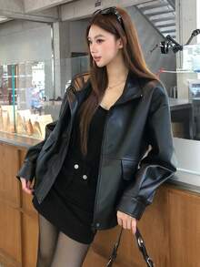 DAZY Women's Regular Fit Black PU Leather Jacket With Stand Collar, Long Sleeves, Zipper Front, Loose Fit And Pocket Decor Cute Tops - Black - View 7