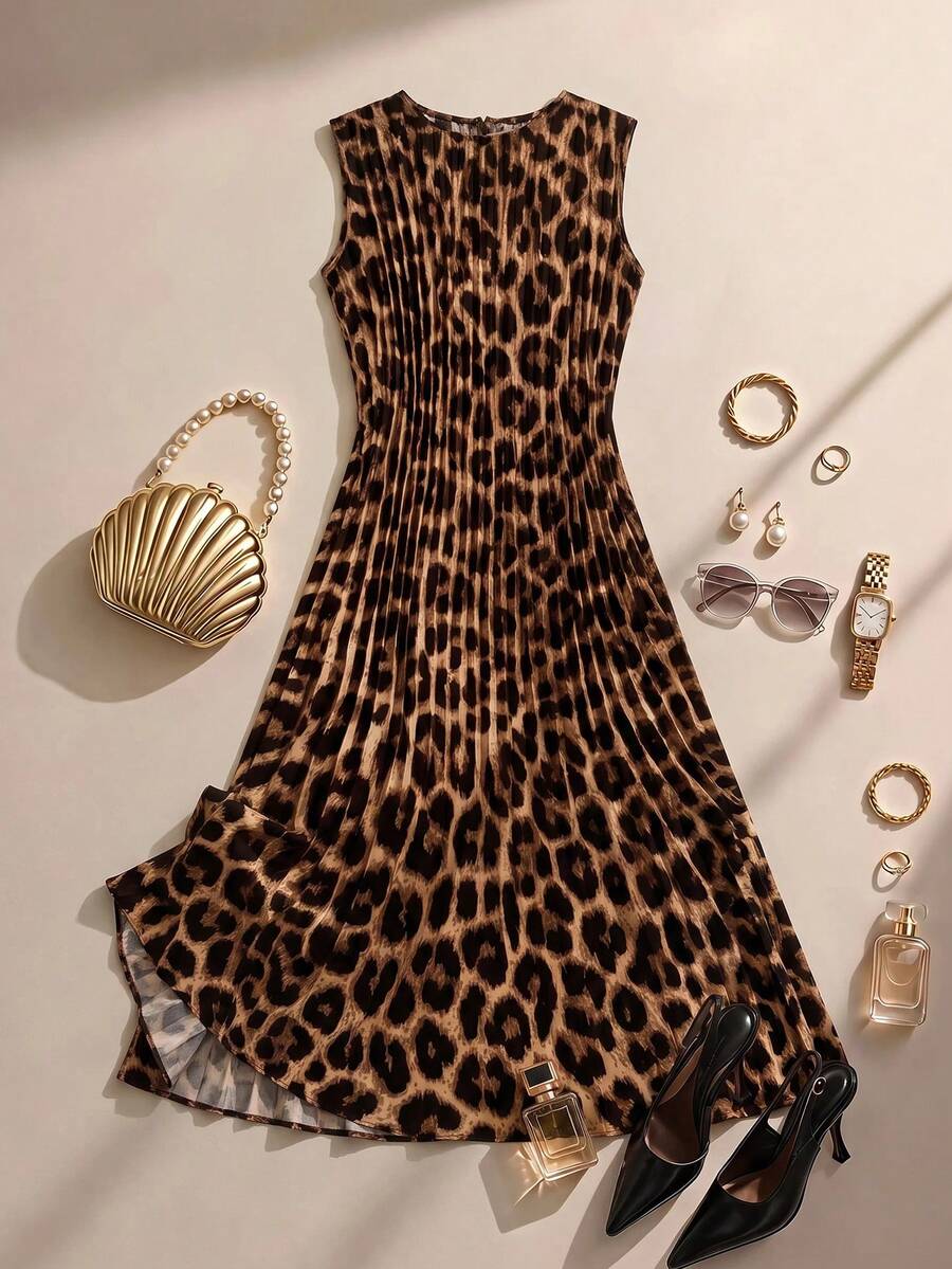 Formidée Plus Size Vintage Leopard Print Pleated Dress - Yellow - View 1