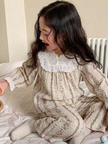 DAZY Young Girls Casual Floral Long Sleeve Straight Leg Pants 2 Pieces Loungewear Set Fall - Apricot - View 1
