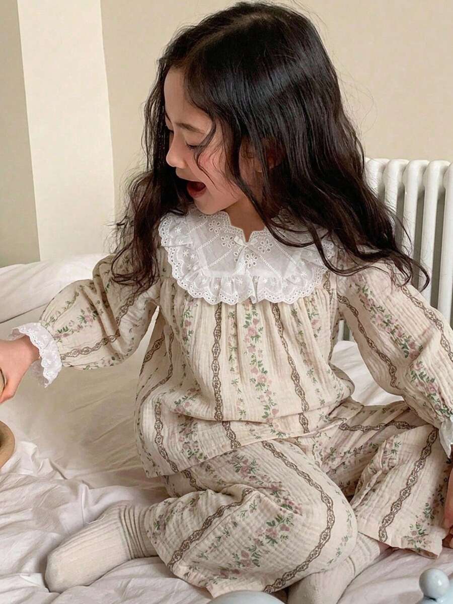 DAZY Young Girls Casual Floral Long Sleeve Straight Leg Pants 2 Pieces Loungewear Set Fall - Apricot - View 1