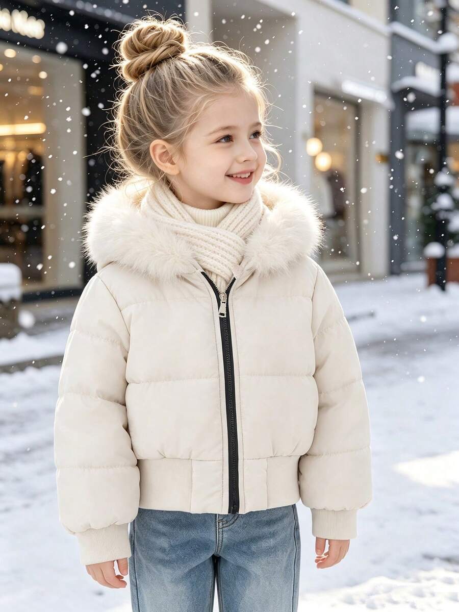 SHEIN Elladie kids 女童冬季白色連帽厚毛領高腰羅紋修身西式棉襖外套，休閒百搭天鵝絨加厚Y2K外套