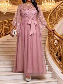 Fleurora Plus Size Elegant Party Sequin Embroidered Mesh Patchwork Dress Fall - Pink - View 3