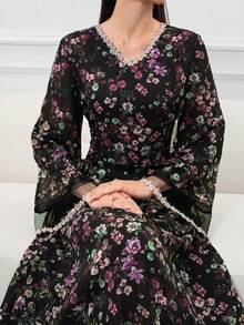 Al Najma 女款婚禮時尚刺繡花卉印花阿拉伯傳統長裙 夏季愛爾蘭風端莊常規款 - 彩色 - 查看 6