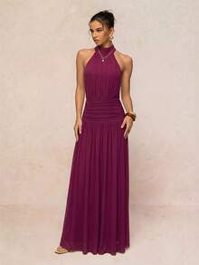 Lumalex Soft Flowy Comfortable Mesh Mock Neck Ruched Waist Oversized Skirt Backless Tie Strap Women's Long Dress - Burgundy - View 11