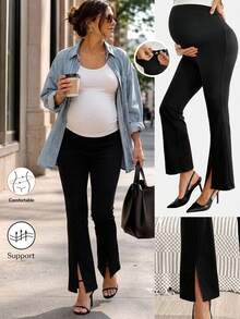SHEIN 孕婦時尚百搭純色開衩褲 職場黑色款 秋季 - 黑色 - 查看 1