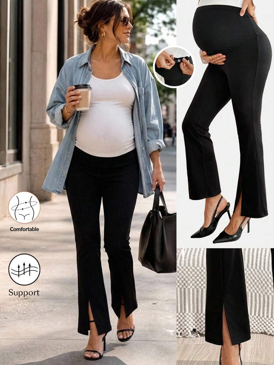 SHEIN 孕婦時尚百搭純色開衩褲 職場黑色款 秋季 - 黑色 - 查看 1