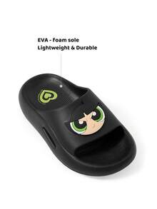 THE POWERPUFF GIRLS X SHEIN 可愛卡通女孩拖鞋，幼兒與兒童快乾浴室拖鞋，輕量耐用 EVA 材質，適合室內外穿著 - 黑色和綠色 - 查看 3
