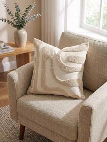 Cirelle 1pc Aesthetic Abstract Tufted Throw Pillow Cover - Cream Wavy Line Textured Cushion Case - Decorative Monochrome Beige Pillowcase Shell For Couch, Sofa Chair & Bed Home Decor (No Insert) - Beige - View 2