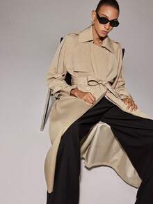 Anewsta Essential Women's Elegant Button Pocket Long Sleeve Trench Coat - Apricot - View 8