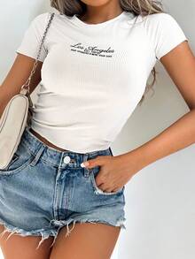 EURMUSE Letter Graphic Ribbed Knit Tee - White - View 2