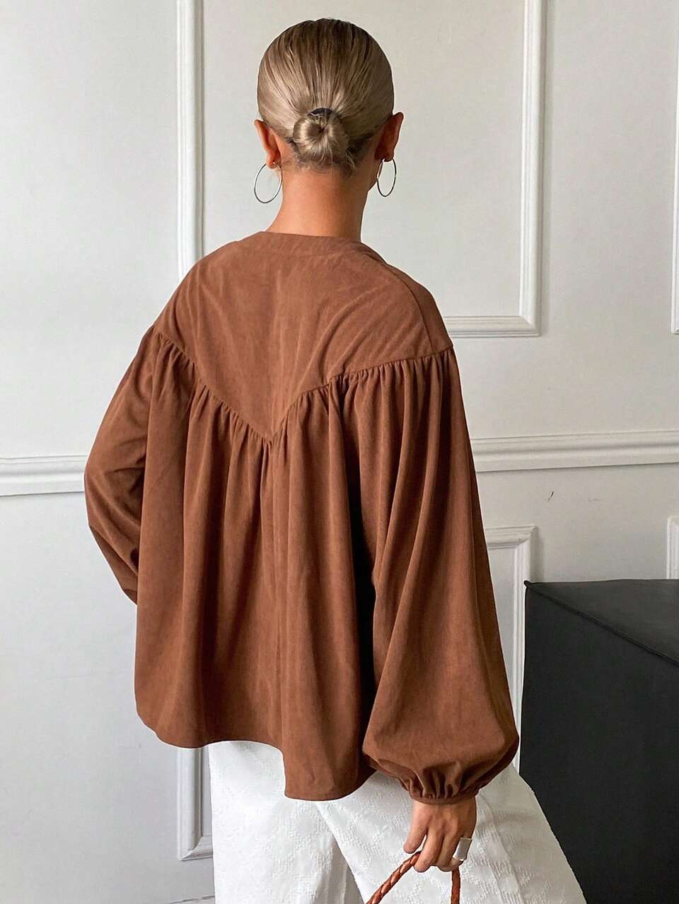 Solid Color Loose Corduroy Top, Round Neck Long Sleeve Ruched Casual Vacation Spring Autumn Women's Blouse