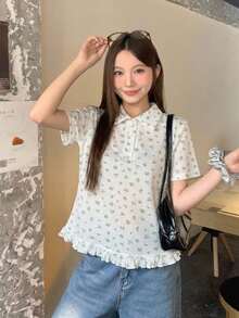 DAZY 女款清新韓風波點印花 Polo 領短袖 T 恤 - 白色 - 查看 3