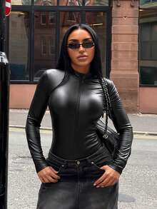SHEIN SXY Women's Solid Color Zipper Fitted Versatile Daily Wear Long Sleeve Bodysuit - Black - View 1