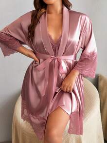 SilkySpell Jubah Ukuran Plus & Set Jubah Kontras Lace Plain - Dusty Pink - View 7