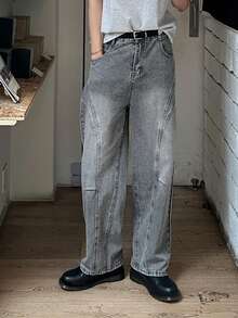 DAZY Spring/Autumn Long Grey Washed Distressed Faded Patchwork Deconstructed Pleated Design Men's Jeans - Grey - View 3