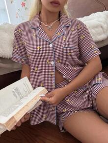 CottageSlumber Women's New Lemon Plaid Print Button-Front Short Sleeve Shorts Pajama Set - Burgundy - View 7