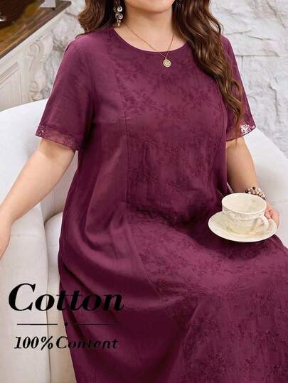 Lacomfia Robe élégante ample à col rond, manches courtes et dentelle contrastante pour femmes grandes tailles