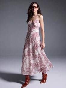 MYSTAURA Vintage Paisley Bohemian Spaghetti Strap Tie V-Neck Chiffon Spaghetti Strap Long Casual Vacation Dress For Women - Multicolor - View 3