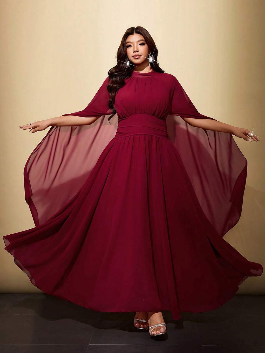 Viva Relle Plus Size Elegant Flared Dress With Cinching Waist - Burgundy - View 1