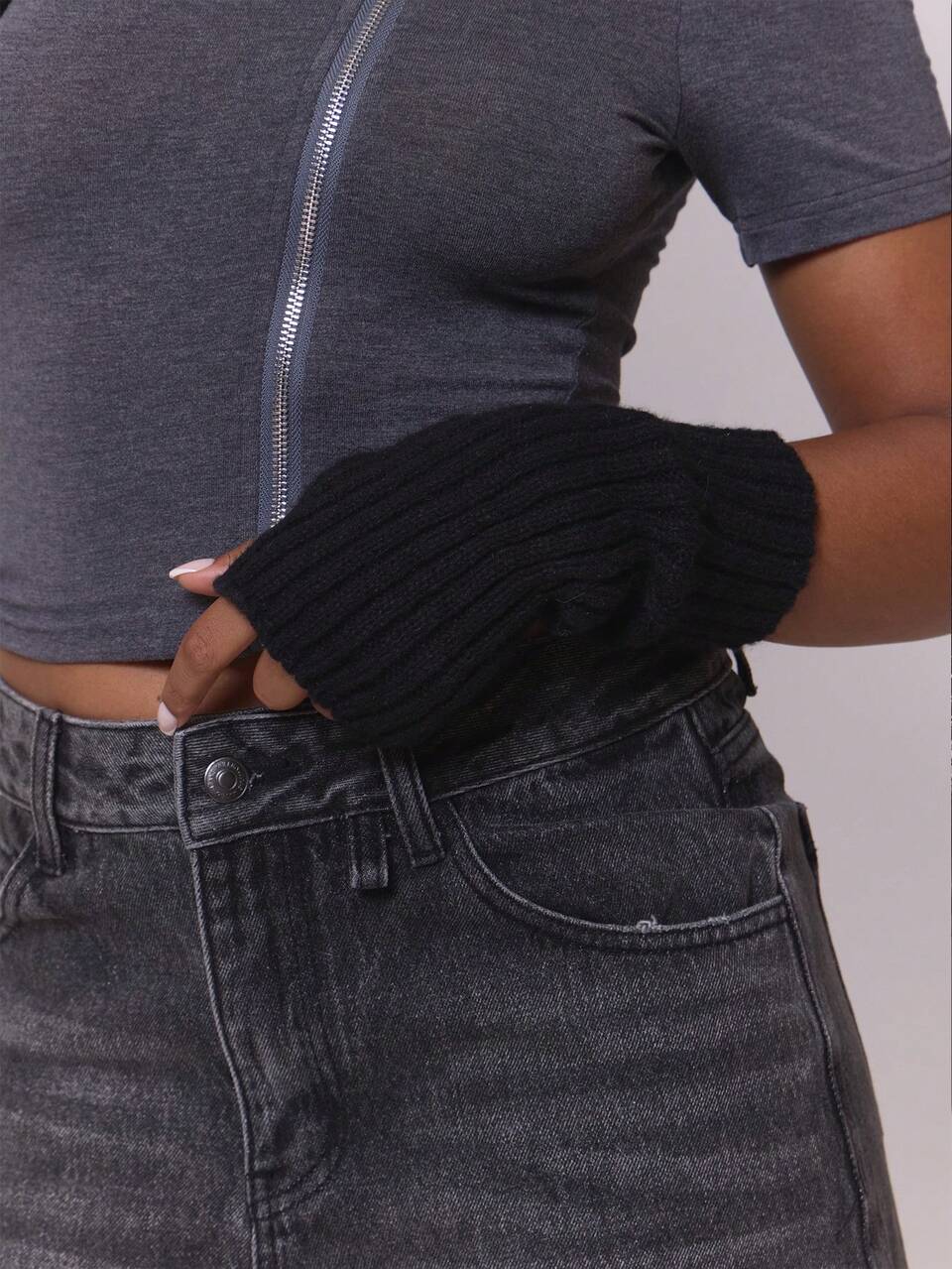 Black Vertical Pit Strip Finger Knitted Gloves Y2K Spice Girls Half-Section Stacked Sleeves Fingerless Thermal Hand Sleeves