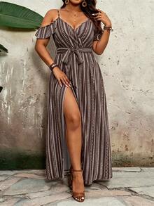SHEIN VCAY Plus Size Minimalist Vacation Off-Shoulder Tie-Up Slit Dress - Multicolor - View 4