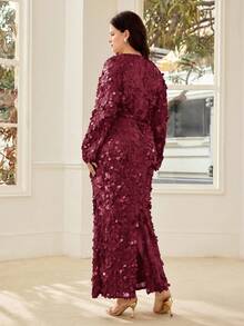 MOTF PREMIUM PLUS SIZE SEQUINS V-NECK LONG FITTED DRESS SPRING/SUMMER FALL - Burgundy - View 3