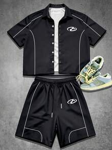 Manfinity EMRG Men's Colorblock Single-Breasted Short Sleeve Shirt And Shorts Casual Daily Set - Multicolor - View 2