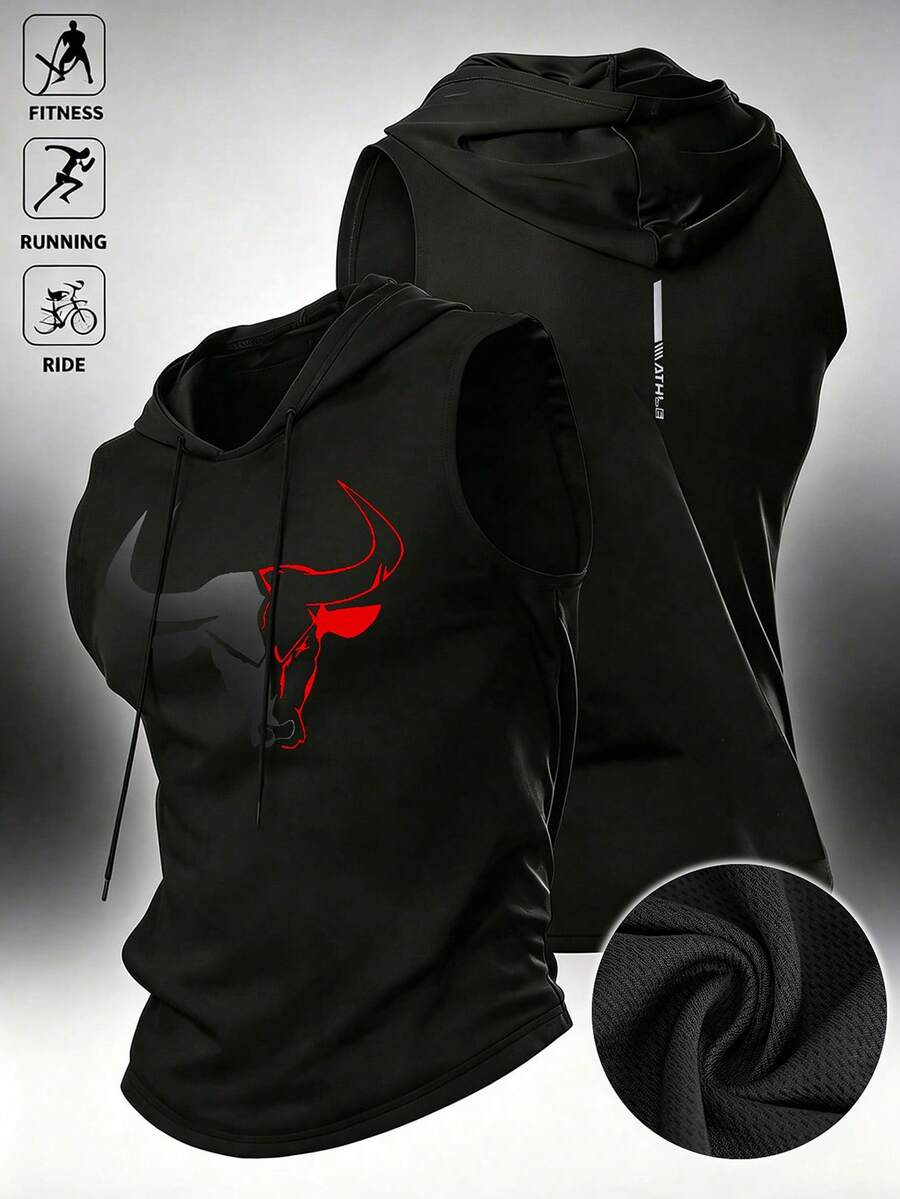 Gym Rark Camiseta deportiva de tirantes con capucha y cordón con estampado de cabeza de toro para hombre - Negro - Ver 1