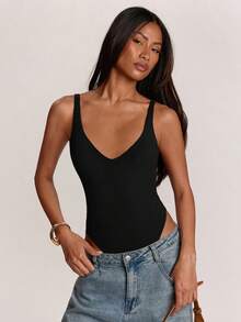 SHEIN BAE 女款極簡百搭純色連身衣，適合瑜伽與健身 - 黑色 - 查看 4
