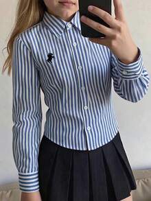 SHEIN Tween女孩休閒日常上學時尚修身領口襯衫女式上衣，藍白條紋馬刺繡，返校季，秋季 - 藍白色 - 查看 5