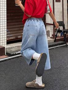 SHEIN 青少年女孩時尚返校街頭風混搭百搭設計 Y2K 復古酷感街頭鬆弛舒適彈性腰頭設計 藍色丹寧 8 吋鬆寬腿牛仔褲 日常穿著 春夏電音節慶與街頭穿搭 - 藍色 - 查看 2